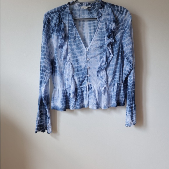 Blue Tie-Dye Women Top cotton free people style long sleeve button up flare - Picture 8 of 9